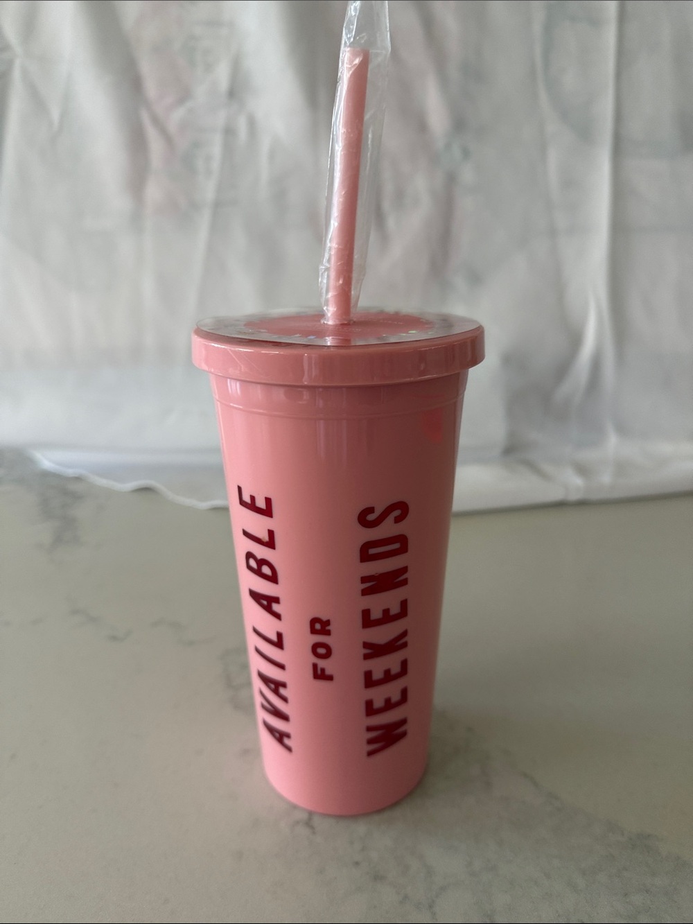 ban.do Pink "AVAILABLE FOR WEEKENDS" Reusable Tumbler with Straw